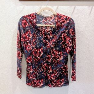 Garnet Hill Merino Wool Floral 3/4 Sleeve Cardigan - Blue and Red